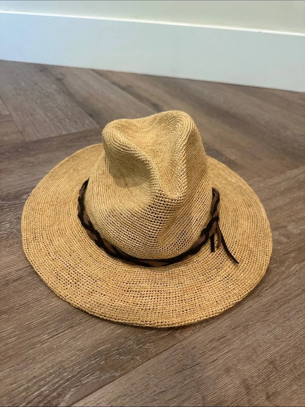 Anthropologie packable Straw Sun Hat with Braided Band - Natural Tan